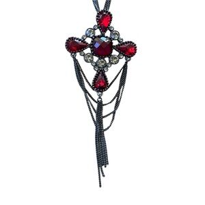 Vintage Foil Back Elegant Red and Gunmetal Pendant Necklace